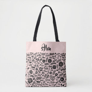 Bolsa Tote Monograma de Padrão Floral Preto, Rosa Esbranquiça