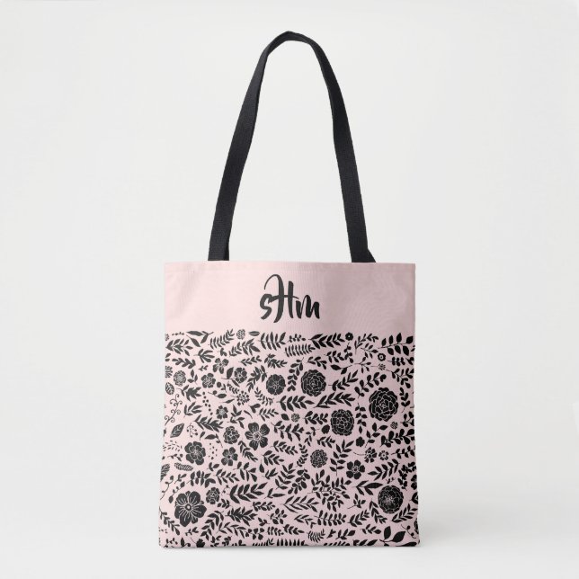 Bolsa Tote Monograma de Padrão Floral Preto, Rosa Esbranquiça (Frente)