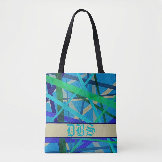 Bolsa Tote Monograma de Padrão Geométrico Azul e Verde (Frente)