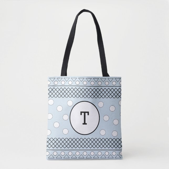 Bolsa Tote Monograma de Padrão Geométrico com Bolinhas Azuis (Frente)