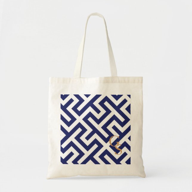 Bolsa Tote Monograma de padrões geométricos de abstrato azul  (Frente)