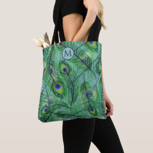 Bolsa Tote Monograma de Penas de Peacock abstrato