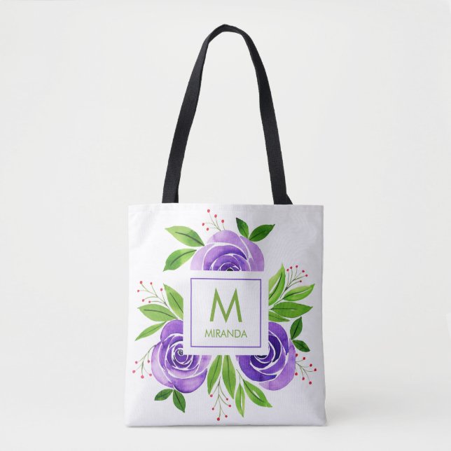 Bolsa Tote Monograma de Rosas Roxos Personalizado (Frente)