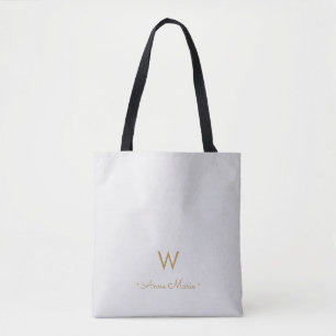 Bolsa Tote Monograma de Script Dourado de Cinza Moderna