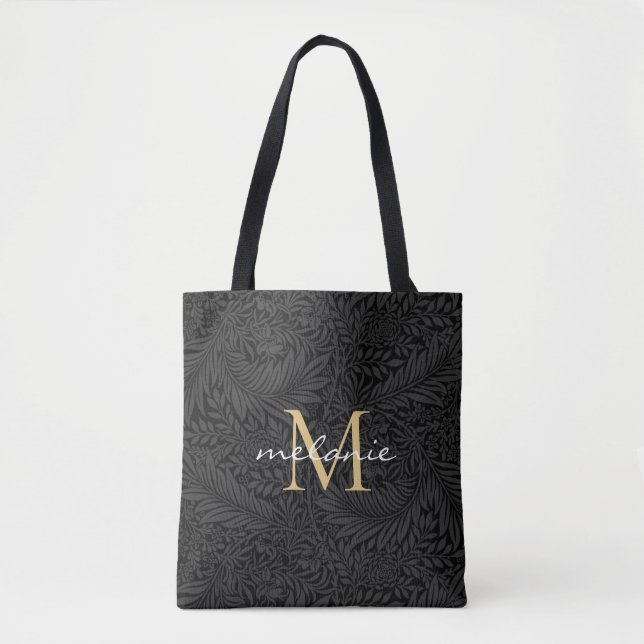 Bolsa Tote Monograma de Script Dourado Floral Preto Elegante (Frente)