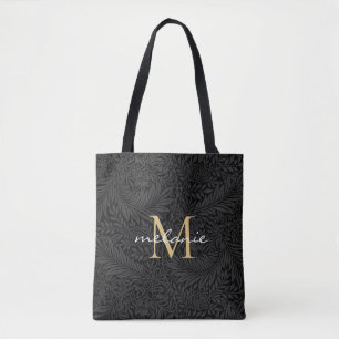 Bolsa Tote Monograma de Script Floral Dourado Elegante Preto