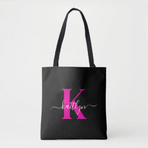 Bolsa Tote Monograma de Script Rosa Quente Preto Elegante