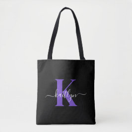 Bolsa Tote Monograma de Script Roxo Preto Moderno