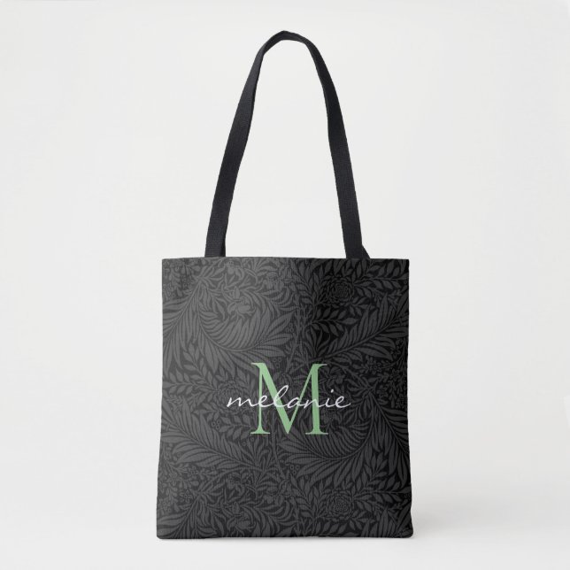 Bolsa Tote Monograma de Script Verde Floral Preto Elegante (Frente)