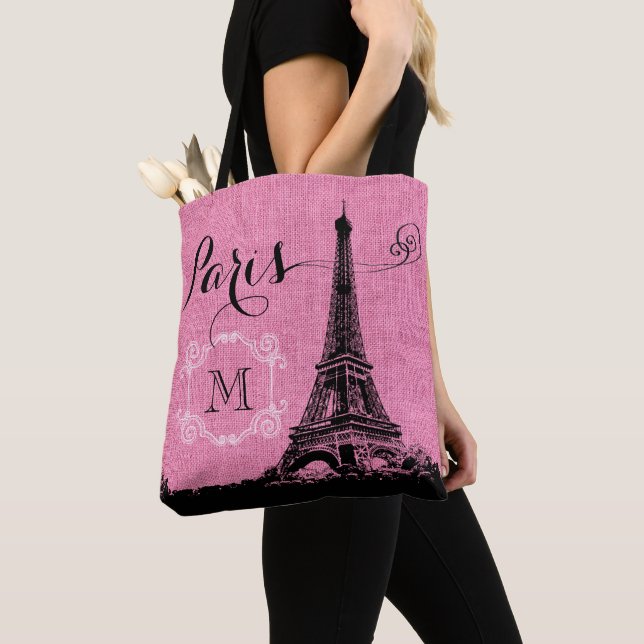 Bolsa Tote Monograma de serapilheira do rosa da torre Eiffel (Close Up)
