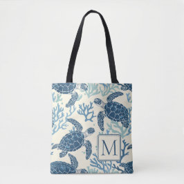 Bolsa Tote Monograma de Tartarugas do Mar Azul e Creme