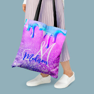 Bolsa Tote Monograma de unicórnio branco roxo, cor-de-rosa, c