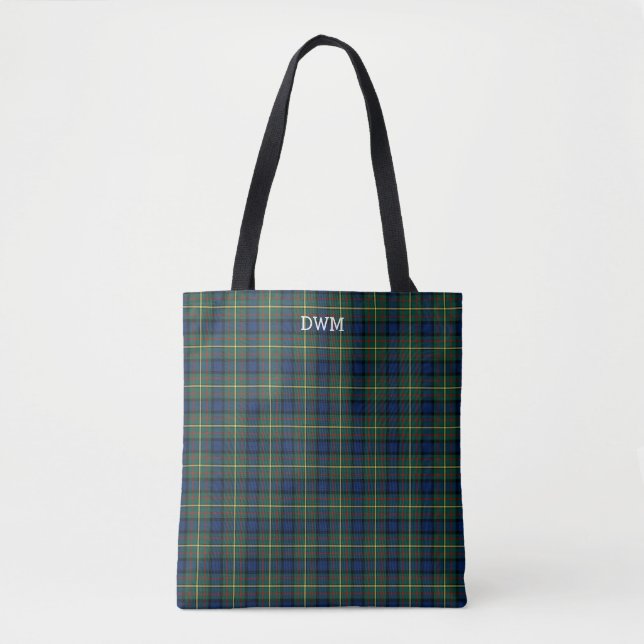 Bolsa Tote Monograma de Xadrez azul e verde MacLaren Tartan (Frente)