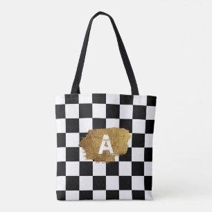 Bolsa Tote Monograma do crachá de ouro de xadrez preto-e-bran