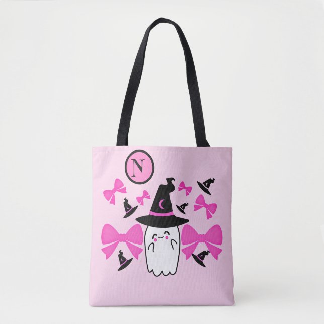 Bolsa Tote Monograma do Fantasma Testemunha de Halloween Rosa (Frente)