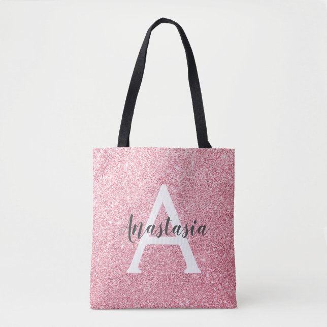 Bolsa Tote Monograma do Glitter Dourado com Rosa de Chic e Tr (Frente)
