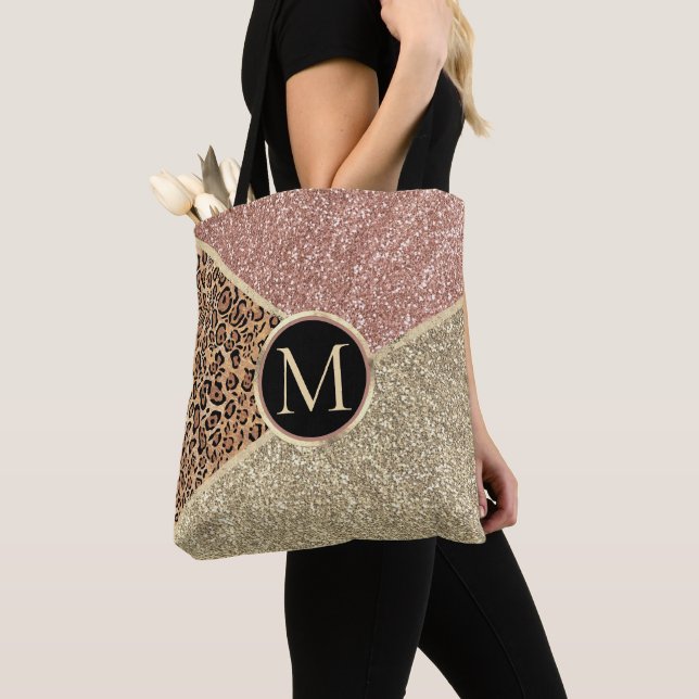 Bolsa Tote Monograma do Leopardo Dourado com Rosa striping (Close Up)