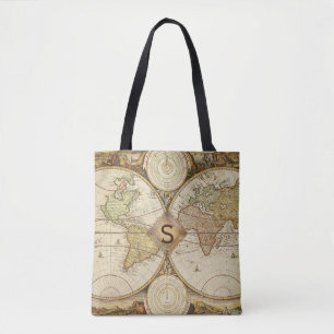 Bolsa Tote Monograma do mapa do mundo do vintage