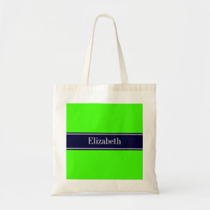 Bolsa Tote Monograma do nome da fita azul Marinho, Verde lim