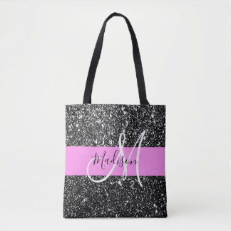 Bolsa Tote Monograma do Nome de Sparkle Preto Glitter Glam-Co