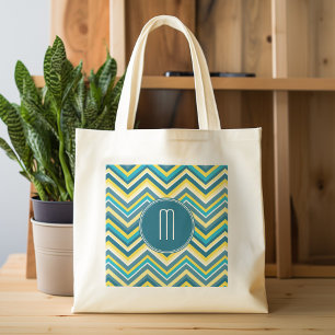 Bolsa Tote Monograma do padrão Chevron Colorido Colorido Teal