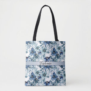 Bolsa Tote Monograma do padrão Chintz da Vintage Azul Elegant