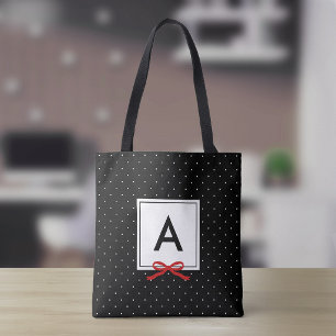 Bolsa Tote Monograma do Padrão de Bolinhas Preto da Fita Ver