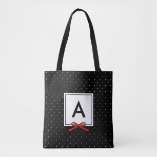Bolsa Tote Monograma do Padrão de Bolinhas Preto da Fita Ver