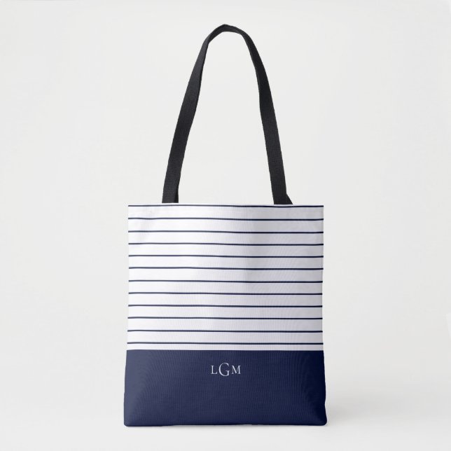 Bolsa Tote Monograma do padrão de faixa azul marinho (Frente)