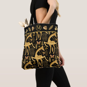 Bolsa Tote Monograma do Padrão Dourado Negra Girafa Boho