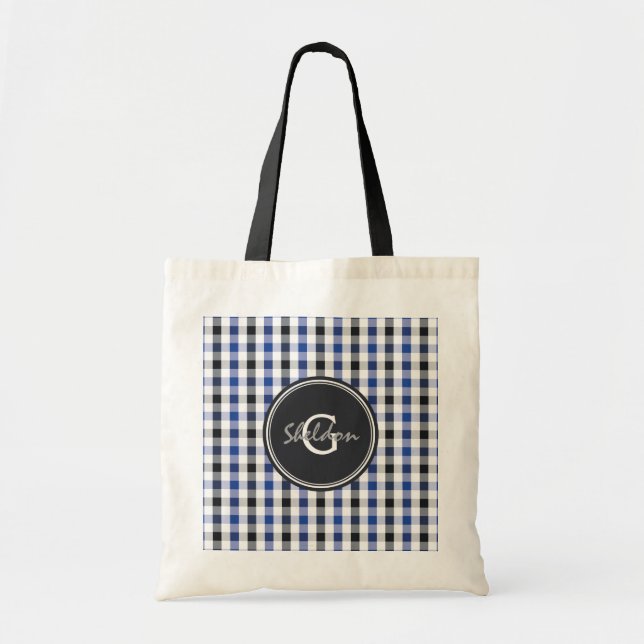 Bolsa Tote monograma do padrão gingham preto-e-colchic preppy (Frente)