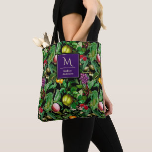 Bolsa Tote Monograma do padrão preto das frutas tropicais Ele