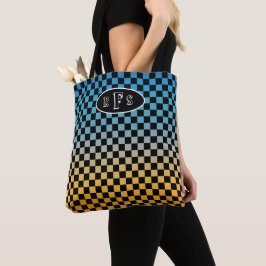 Bolsa Tote Monograma do Pôr do Sol Azul e Amarelo Xadrez