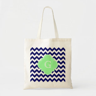 Bolsa Tote Monograma do Quatrefoil Verde com marinho Branco