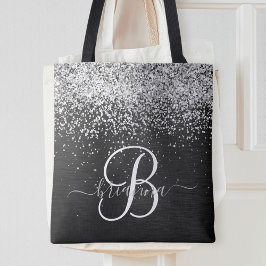 Bolsa Tote Monograma do Sparkle Preto com Glitter de Prata Pe