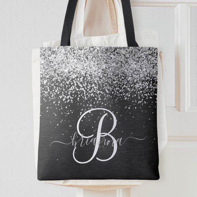 Bolsa Tote Monograma do Sparkle Preto com Glitter de Prata Pe (Criador carregado)