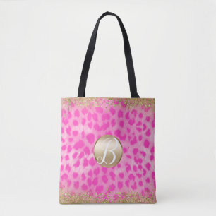 Bolsa Tote Monograma Dourado com Brilho e Estampa de Guepardo