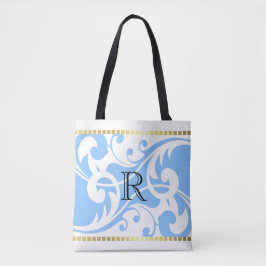 Bolsa Tote Monograma Dourado de Borda Branco e Azul Claro