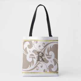 Bolsa Tote Monograma Dourado de Borda Branco e Cogumelo