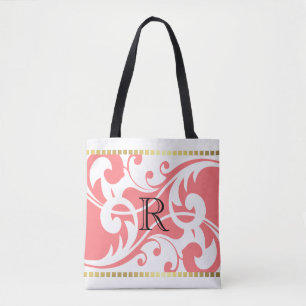 Bolsa Tote Monograma Dourado de Borda Branco e Coral