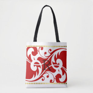 Bolsa Tote Monograma Dourado de Borda Branco e Vermelho