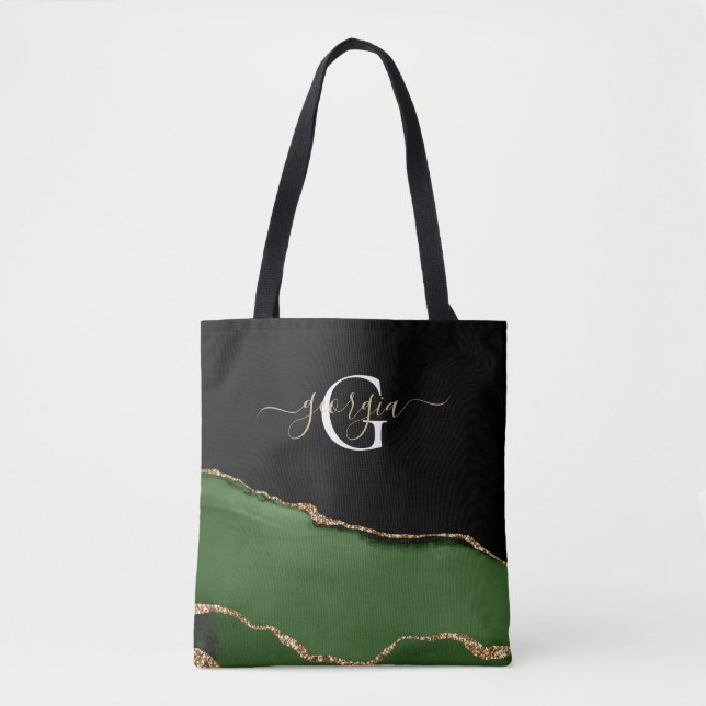 Bolsa Tote Monograma Dourado de brilho e agitação verde (Frente)