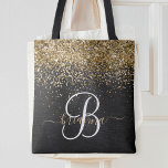 Bolsa Tote Monograma Dourado de brilho preto com brilho perso<br><div class="desc">Personalize facilmente esta moda elegante de madeira design com brilho bonito de ouro brilhante num fundo metálico escovado preto.</div>