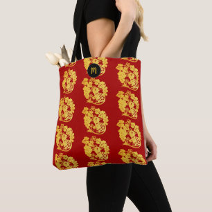 Bolsa Tote Monograma Dourado de corte de papel Zodíaco, T4, a