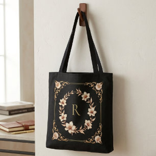 Bolsa Tote Monograma Dourado Elegante e Folha Personalizável