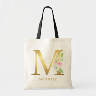 Bolsa Tote Monograma Dourado Floral - Letra M, Nome Personali