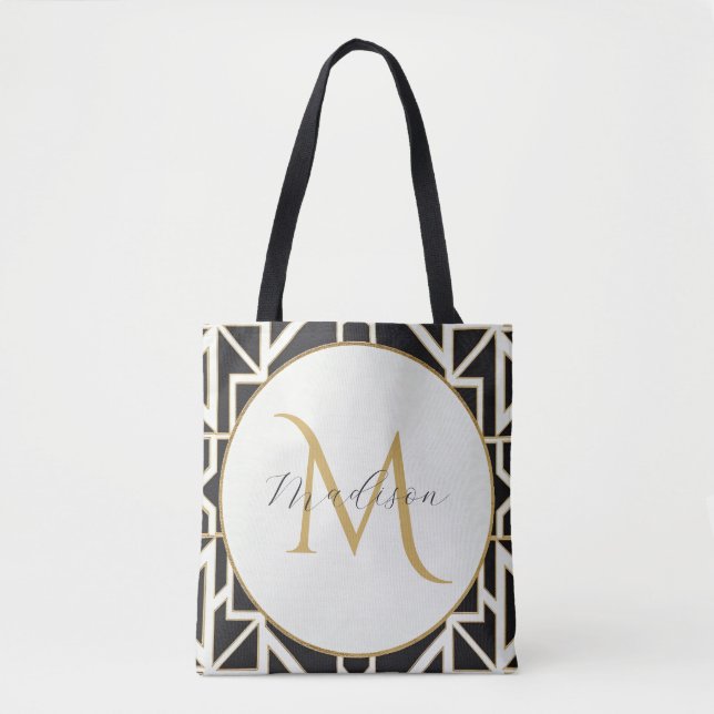 Bolsa Tote Monograma Dourado Geométrico Preto Personalizado (Frente)