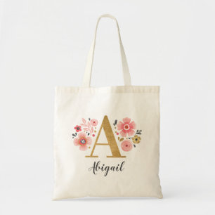 Bolsa Tote Monograma Dourado Letra Inicial "A" Floral