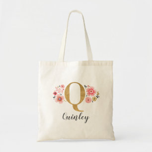 Bolsa Tote Monograma Dourado Letra inicial "Q" floral