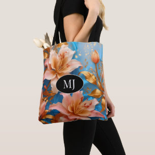 Bolsa Tote Monograma Dourado Lily Rosa No Saco Azul Da Seda